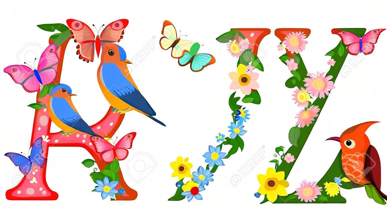 fantazyjna kolekcja kolorowych liter A, B z motylami i ptakami do swojego projektu