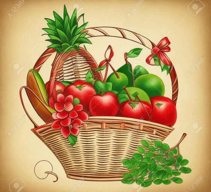 vintage wicker basket with bow. fresh sweet fruits for your coloring book