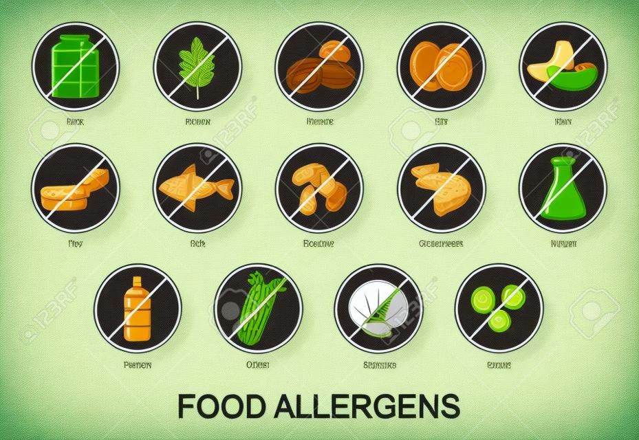 voedsel allergenen. Set van basis allergenen pictogrammen. vector illustratie