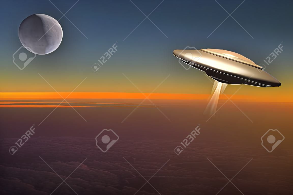 Een UFO vliegt op grote hoogte boven planeet aarde.