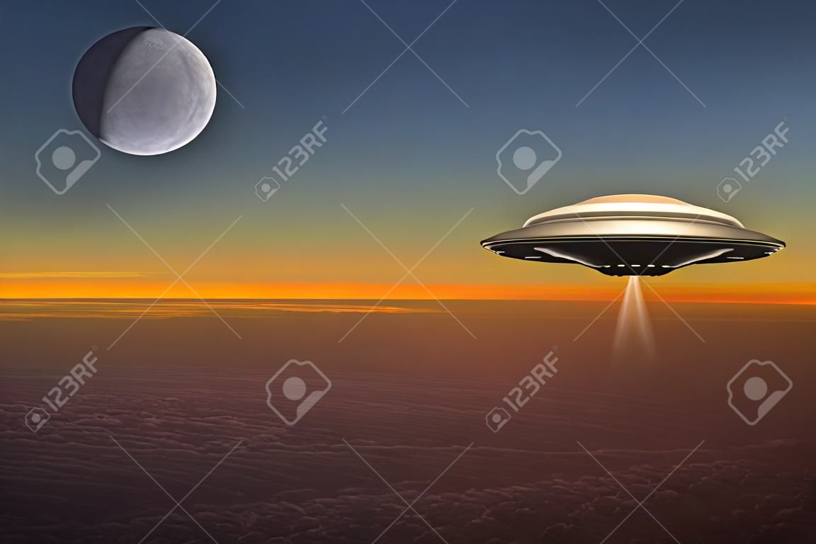 Een UFO vliegt op grote hoogte boven planeet aarde.