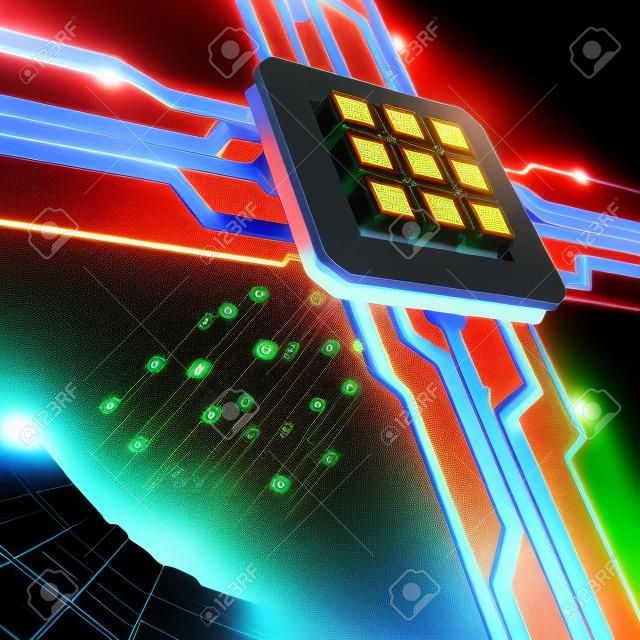 Central Processing Unit. A processor (microchip) interconnected receiving and sending information. Concept of technology and future.