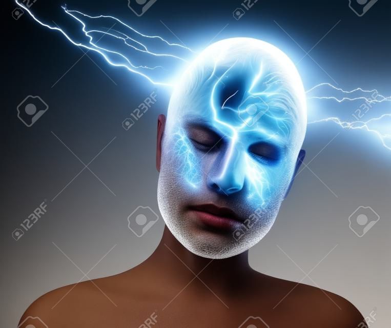 Lightning going through the head and brain. Concept of headache.