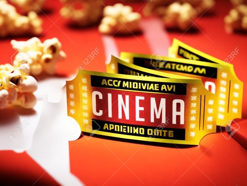 Eintrittskarte ins Kino mit Popcorn herum. Clipping-Pfad enthalten.