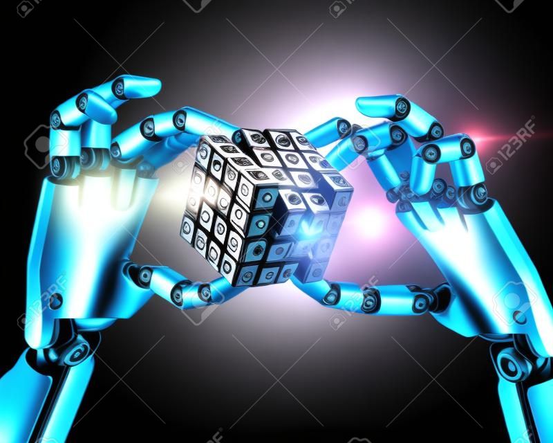 Robot mano che regge un concetto cubo binario di elaborazione logica. Clipping percorso incluso.
