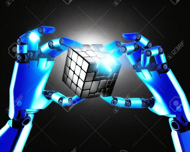 Robot hand holding a binary cube concept of logical processing. Clipping path included.