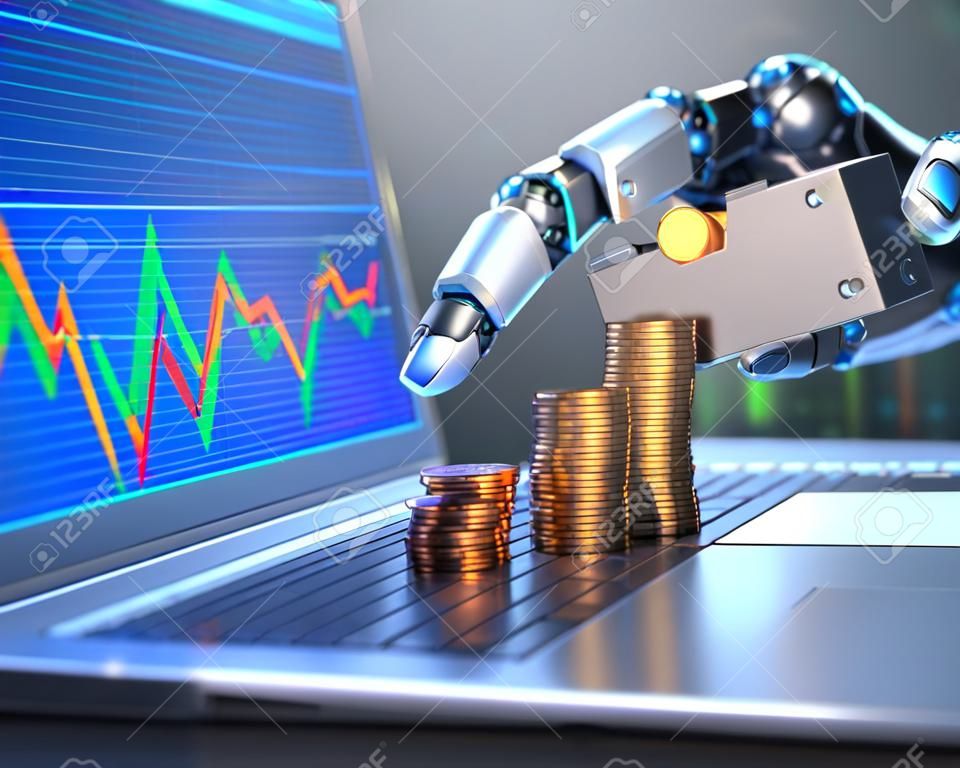3D image concept of software (Robot Trading System) used in the stock market that automatically submits trades to an exchange without any human interventions. A robot hand counting money in graph form on the rise. Depth of field with focus on the gold coi