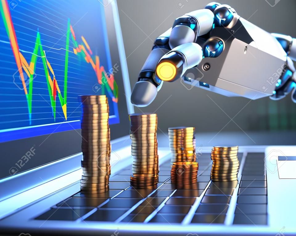 自動的に株式市場で使用されるソフトウェア (ロボット取引システム) の 3 D 画像の概念は、すべての人間の介入なし交換する取引を送信します。上昇のグラフの形でお金を数えるロボットハンド。ゴールドの coi の焦点とフィールドの深さ