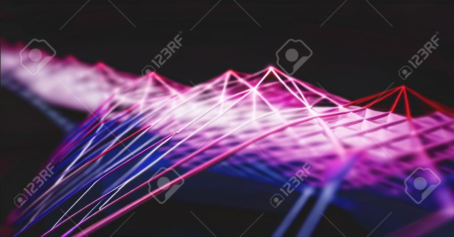 Ilustração 3D, imagem conceitual. Malha gravada representando conexões de internet na computação em nuvem.
