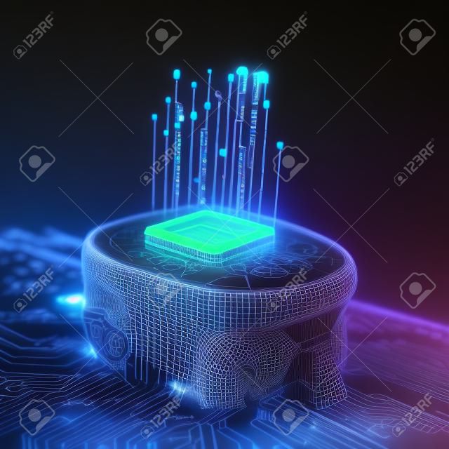 3D illustration. Microprocessor in the head. Concept of artificial intelligence.