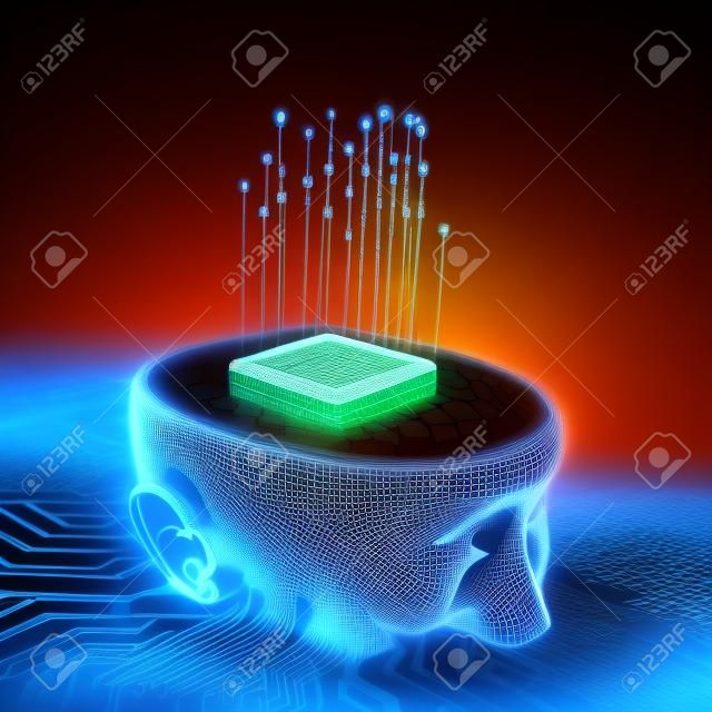 3D Abbildung. Mikroprozessor im Kopf. Konzept der künstlichen Intelligenz.