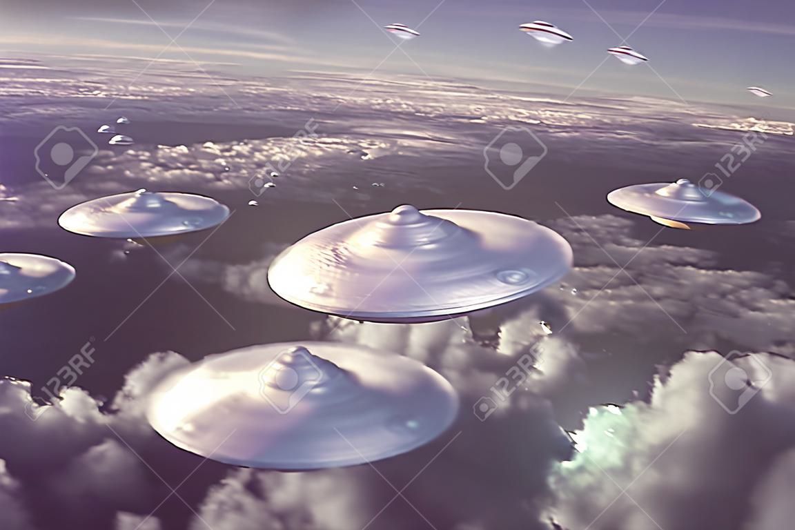 3D-Illustration. Invasion außerirdischer Raumschiffe. Himmel voller Mutterschiffe und kleiner Raumschiffe.