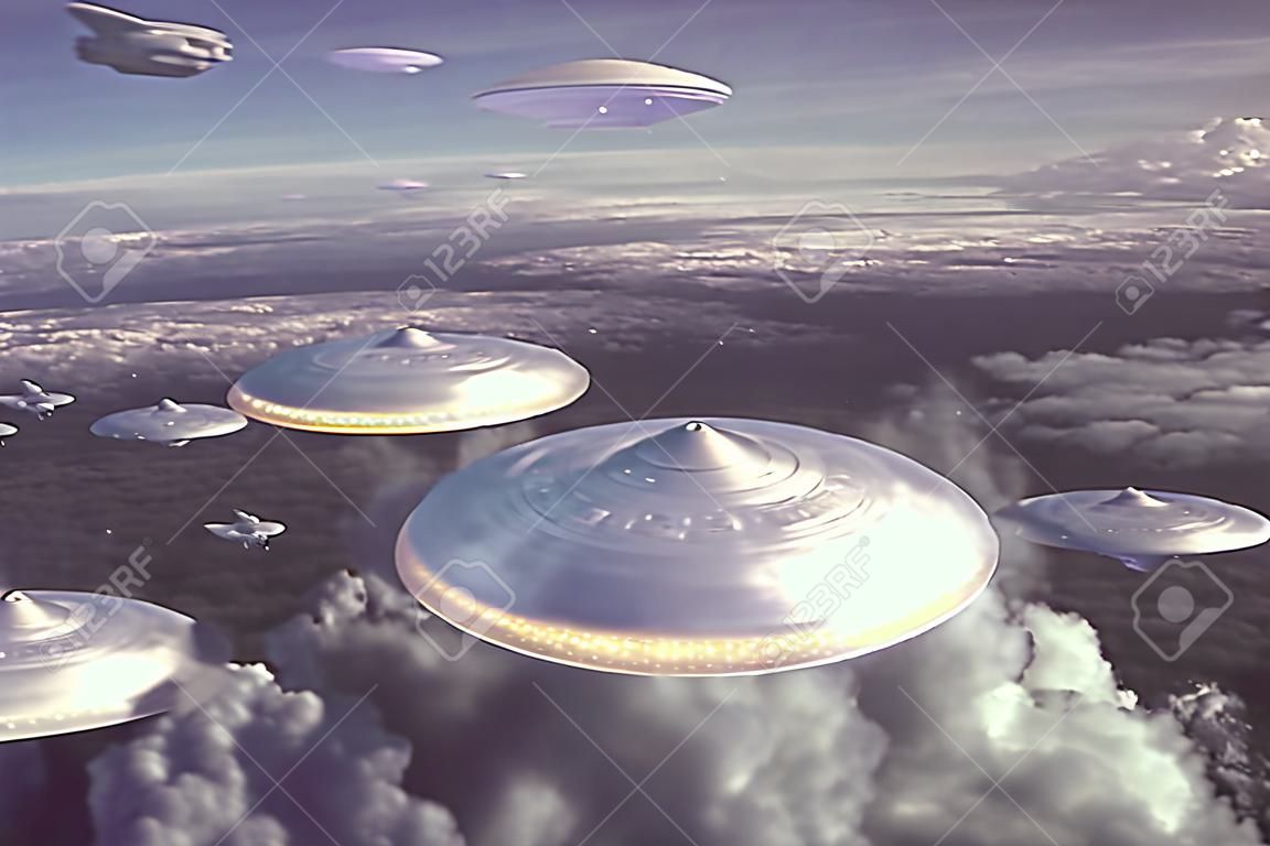 3D illustration. Invasion of alien spaceships. Sky filled with mother ships and small spacecraft.