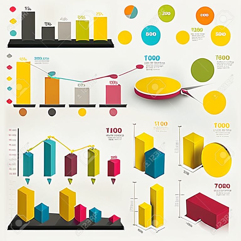 Set of business flat, 3D design graph. Infographics charts.