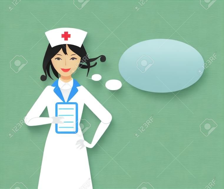 Enfermeira jovem bonita com baloon falante. Design plano.