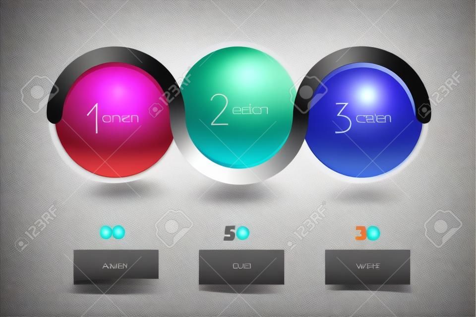 Banner de opção de vetor infográfico com 3 etapas. Esferas de cor, bolas, bolhas. Modelo infográfico.