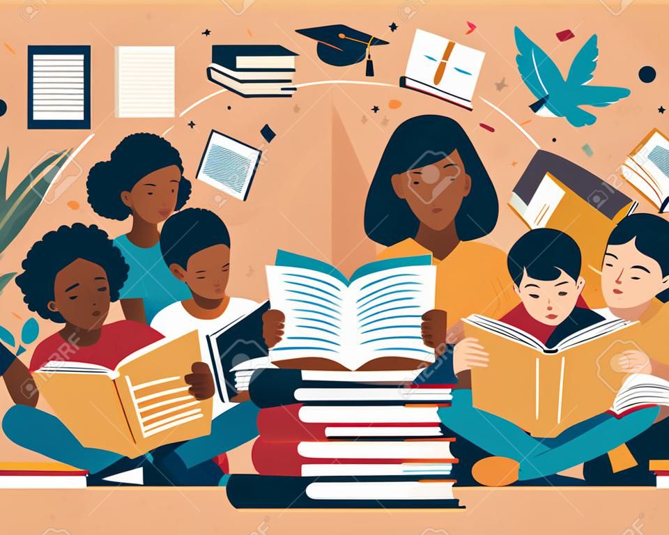 Ilustração vetorial de um grupo de estudantes lendo livros e se preparando para exames