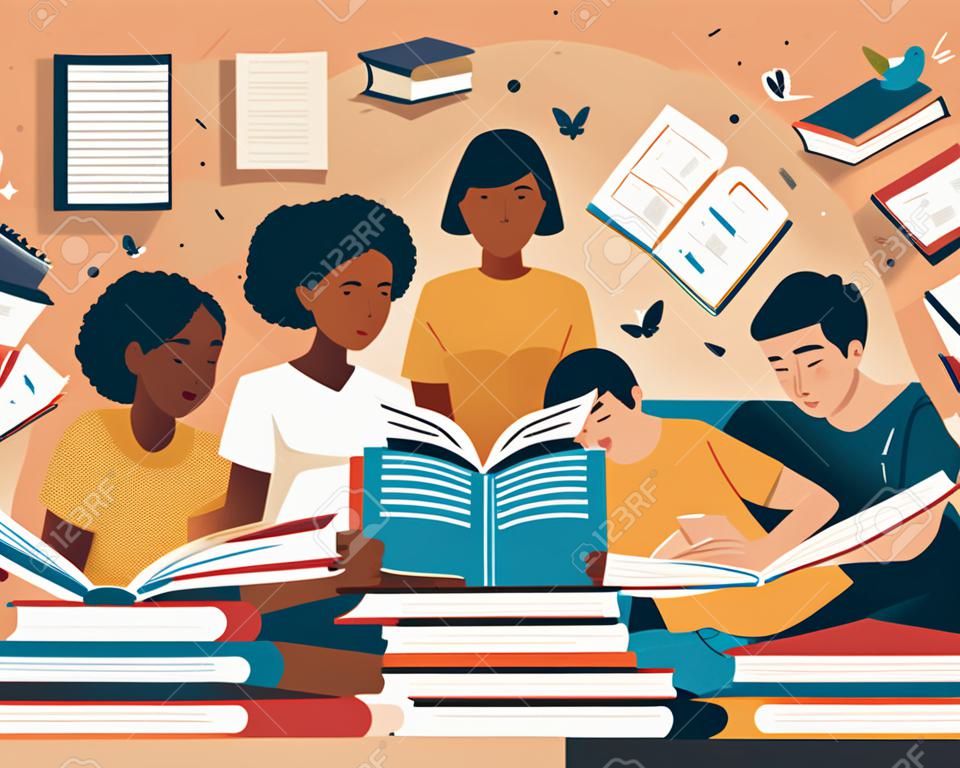 Ilustração vetorial de um grupo de estudantes lendo livros e se preparando para exames
