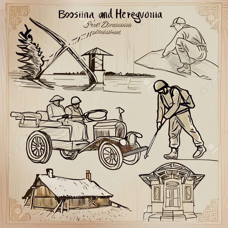 BOSNIA AND HERZEGOVINA (set no.1). Collection of an hand drawn vector illustrations. Each drawing comprise three layers of lines, the colored background is isolated.Easy editable in layers and groups.