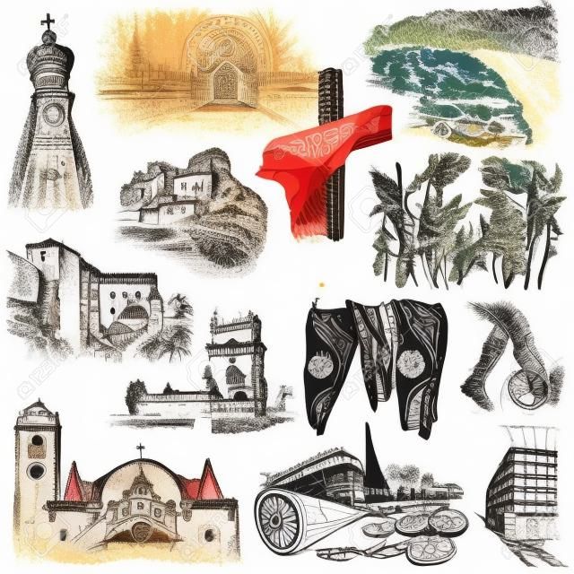 Seria Podróże, Portugalia - Pictures of Life. Kolekcja ręką rysowane ilustracje. Opis, pełnowymiarowa ręcznie rysowane odręczne szkice ilustracje. Opierając się na białym tle.