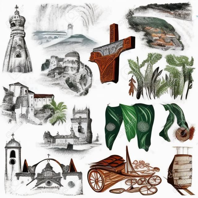 Travel series, PORTUGAL - Pictures of Life. Collection of an hand drawn illustrations. Description, Full sized hand drawn freehand sketches Illustrations. Drawing on white background.