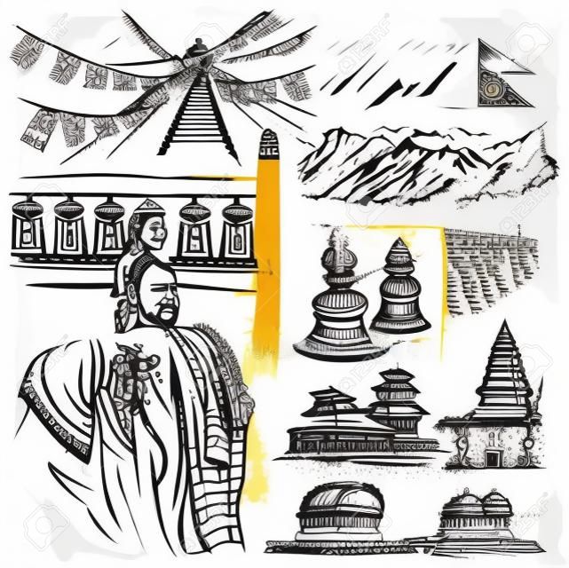 旅行，尼泊尔。生活图片。矢量手绘集合。绘图，一整套线艺术插图。组的手绘草图，轮廓。尼泊尔联邦民主共和国四处旅行。