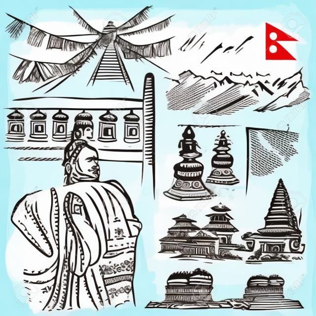 旅行，尼泊尔。生活图片。矢量手绘集合。绘图，一整套线艺术插图。组的手绘草图，轮廓。尼泊尔联邦民主共和国四处旅行。
