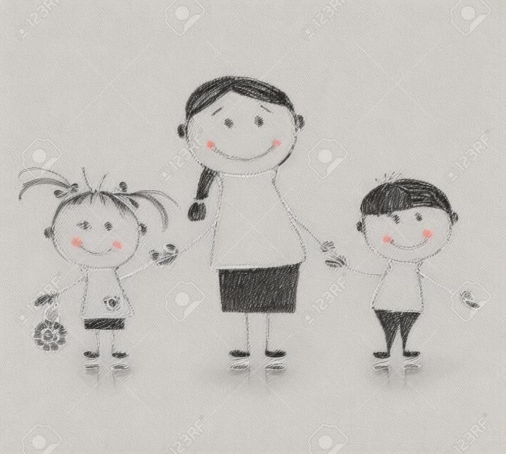 Famille heureuse souriant ensemble, mère et enfants, dessin croquis