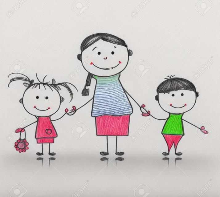 Happy family smiling together, mother and children, drawing sketch