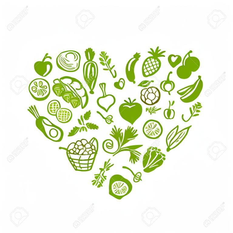 Healthy food background, heart shape sketch for your design