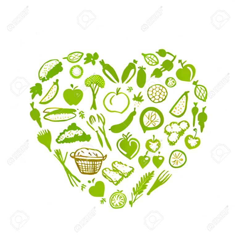 Healthy food background, heart shape sketch for your design