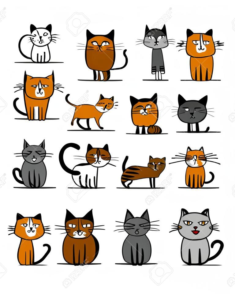 Collezione di gatti, schizzo per il vostro disegno. Illustrazione vettoriale
