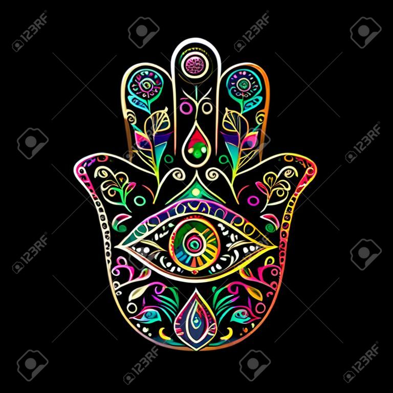 Mão indiana ornamentada Hamsa, símbolo. Ilustração vetorial