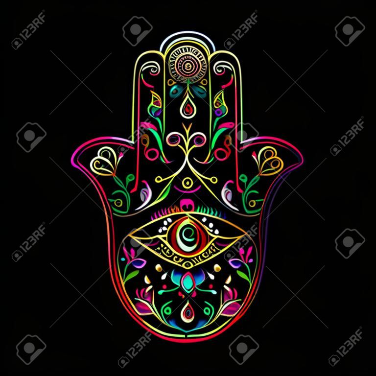 Mano adornada india Hamsa, símbolo. Ilustración vectorial