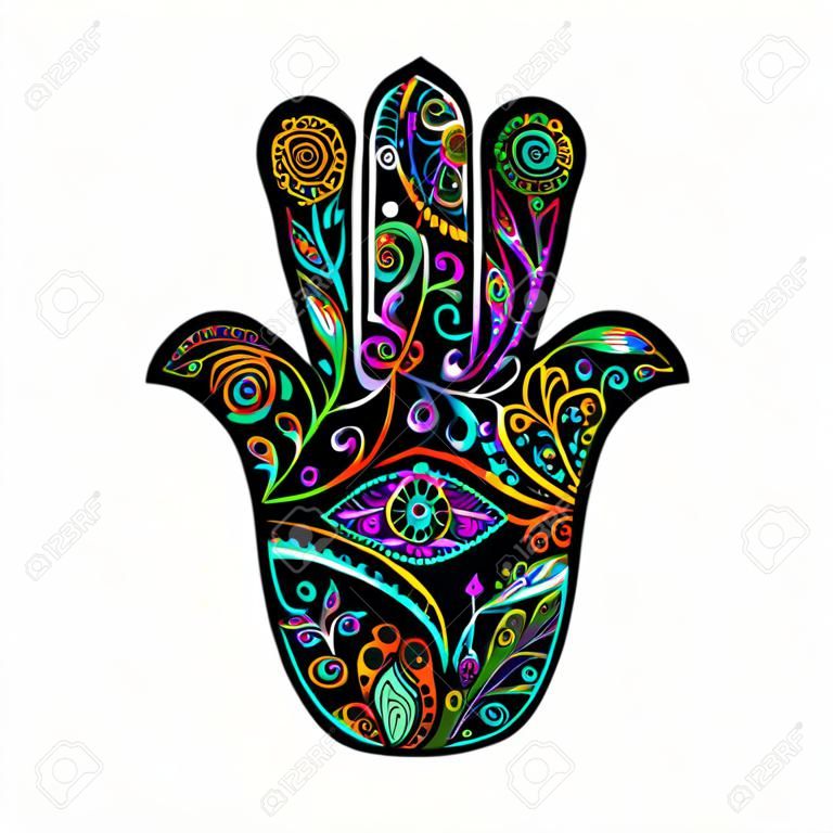Mano adornada india Hamsa, símbolo. Ilustración vectorial