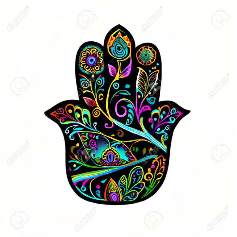 Hamsa mano ornata indiana, simbolo. Illustrazione vettoriale