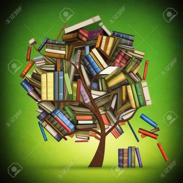 Árbol de la biblioteca con libros para su diseño.