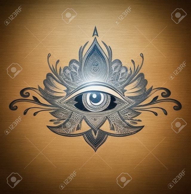 Abstract symbol of the All-seeing Eye in the Boho of the Asian Ethnic style of the tattoo. Concept magic occultism esoterics