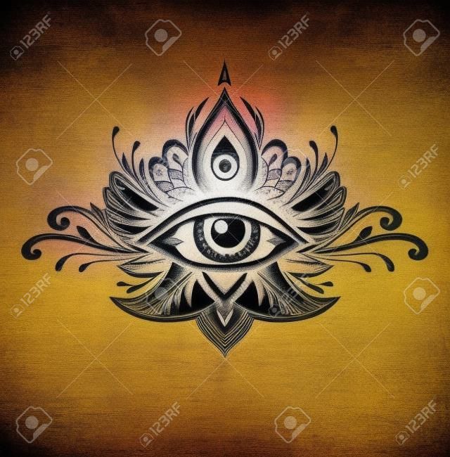 タトゥーのアジア民族スタイルのボホでオールシーイングアイの抽象シンボル。概念魔法のオカルト主義難解