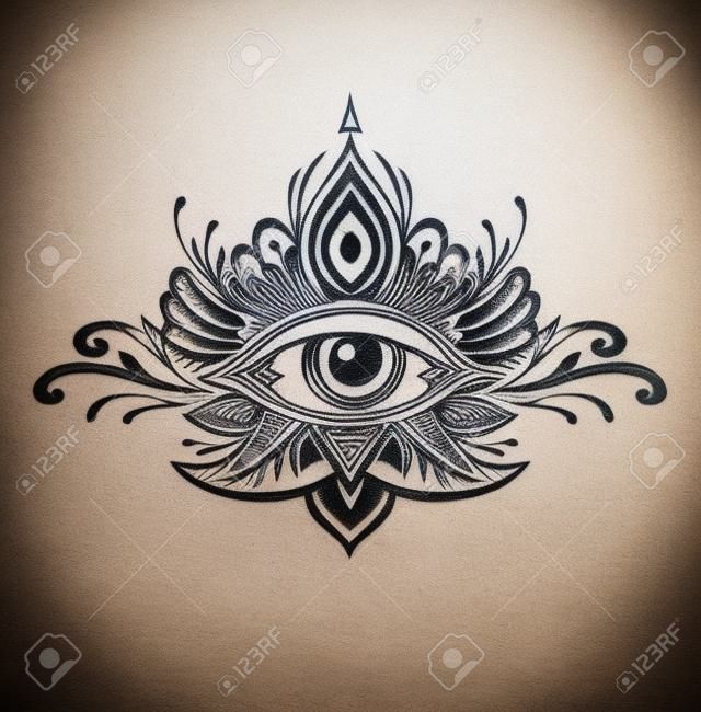 Abstract symbol of the All-seeing Eye in the Boho of the Asian Ethnic style of the tattoo. Concept magic occultism esoterics