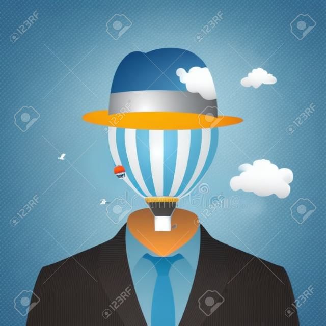 Tête dans les nuages. Homme d'affaires avec ballon à air chaud. Imagination. Illustration vectorielle
