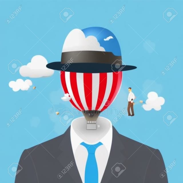 Kopf in den Wolken . Geschäftsmann mit Heißluftballon . Fantasie . Vektor-Illustration