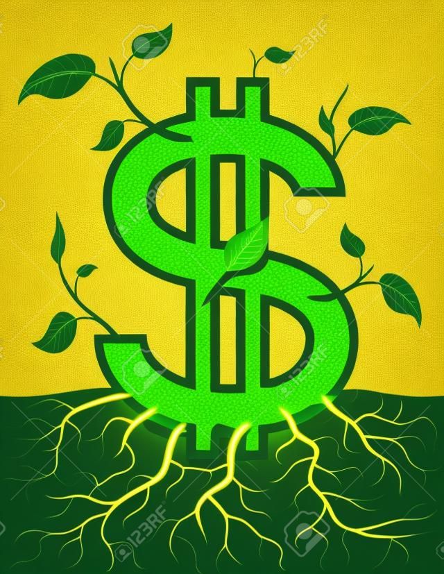 Growing dollar symbol like plant with leaves and roots. 