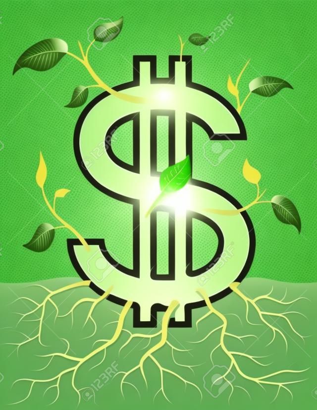 Growing dollar symbol like plant with leaves and roots. 