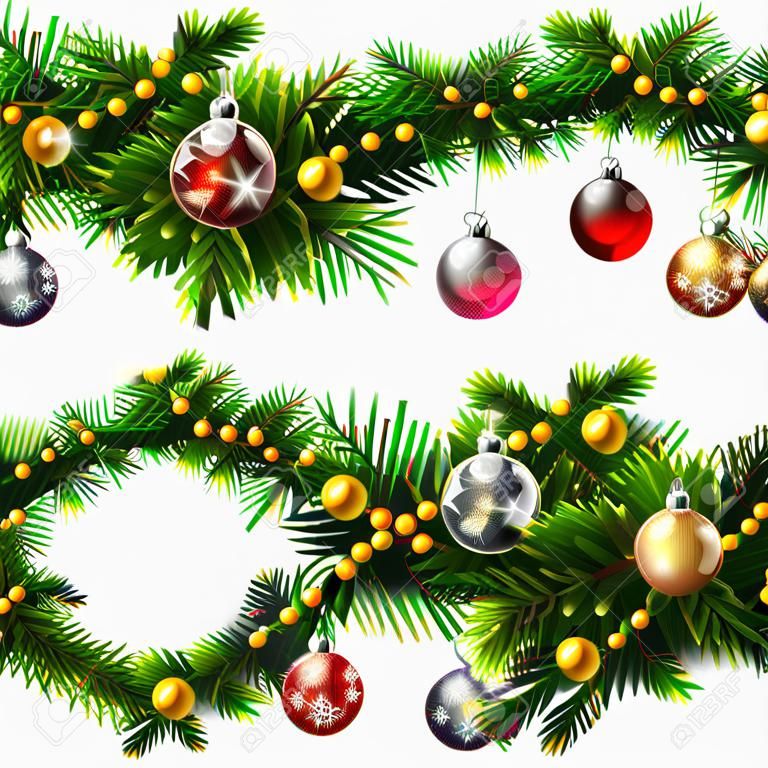 Karácsonyi tér koszorú dekoratív gyöngyökkel és labdák. Díszített koszorú fenyő ágak elszigetelt fehér háttérrel. Minőségi vektor (EPS-10) illusztráció az új év napján, karácsony, dekoráció, téli üdülés, design, Silvester, stb