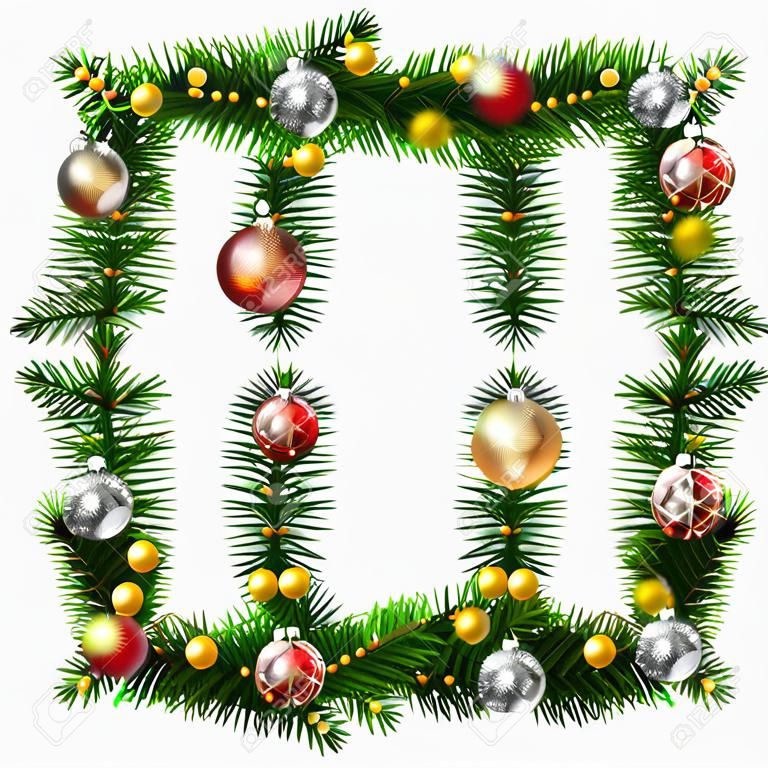 圣诞花环装饰广场珠球装饰花环的松树枝孤立在白色背景eps-10定性矢量插图新年圣诞装饰设计等寒假西尔维斯特