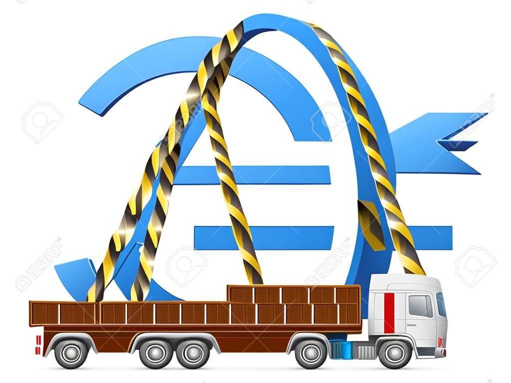 Trasporto stradale di simbolo dell'euro. Grande segno di denaro in retro del camion. Illustrazione vettoriale qualitativa per il settore bancario, settore finanziario, soldi, economia, contabilità, ecc