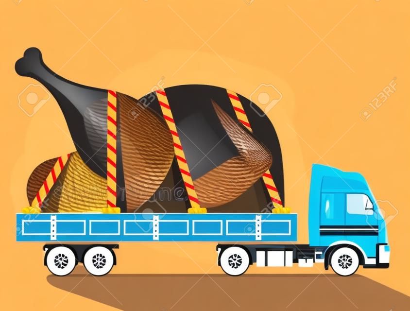 Road transportation of roast turkey, chicken. Delivery of big christmas whole turkey in back of truck. Qualitative vector illustration about cooking, holiday meals christmas, thanksgiving, recipes, gastronomy, food, restaurant, etc