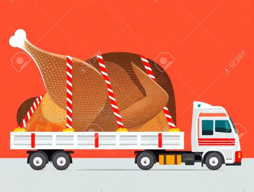 Wegtransport van gebraden kalkoen, kip. Levering van grote Kerstmis hele kalkoen in de achterkant van de vrachtwagen. Kwalitatieve vector illustratie over koken, vakantie maaltijden Kerstmis, Thanksgiving, recepten, gastronomie, voedsel, restaurant, enz.