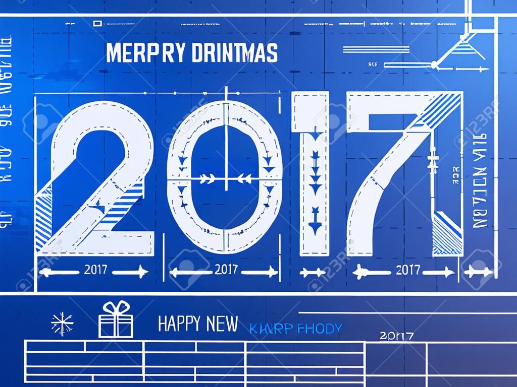 planı çizim olarak yeni yıl 2017 Kart. planı kağıt üzerinde 2017 yılı Stilize hazırlanması. Yeni yıl gün illüstrasyon, yılbaşı, kış tatili, yeni yıl arifesinde, mühendislik, silvester, vb